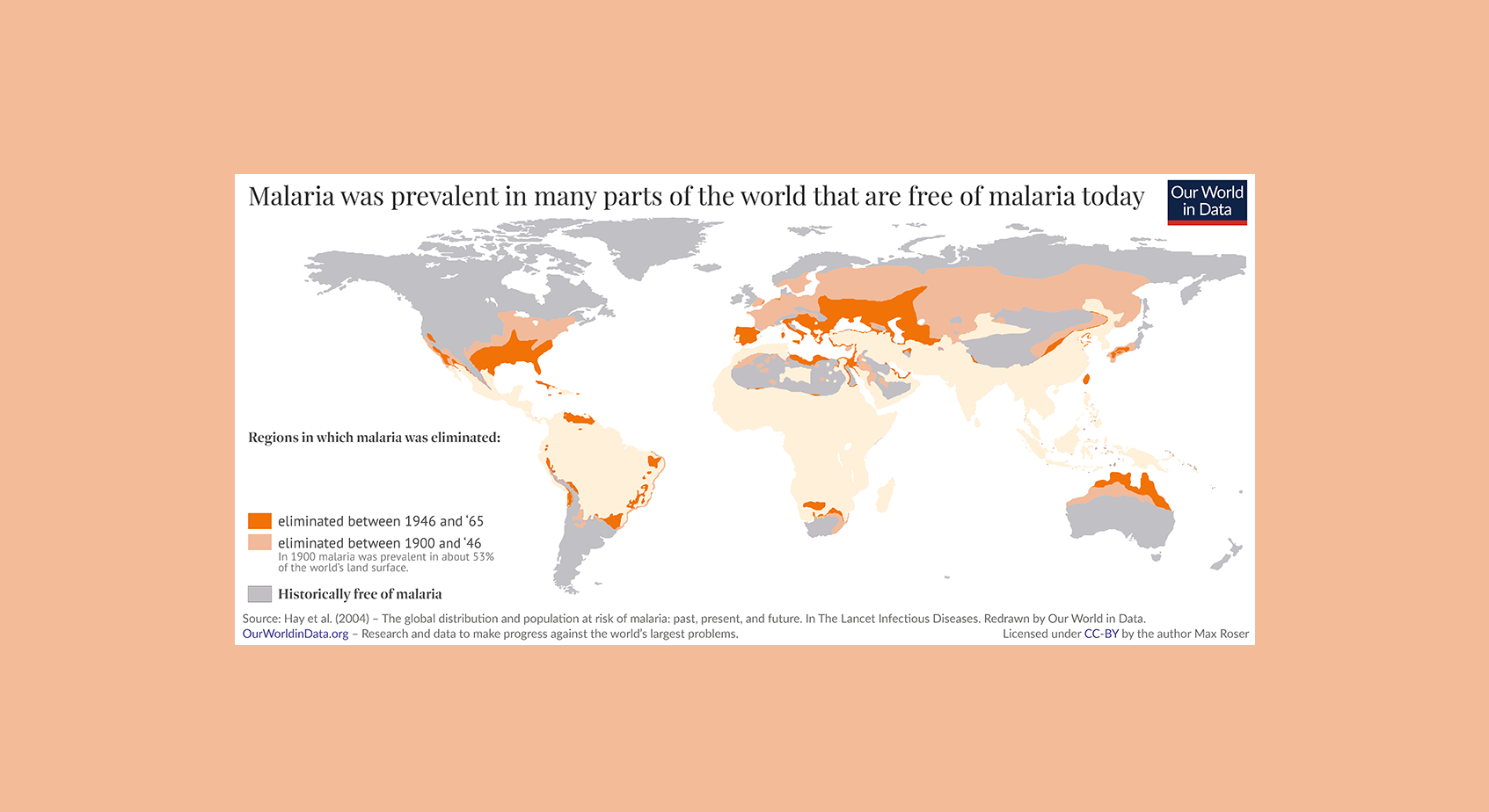 World map showing where and when malaria was eliminated