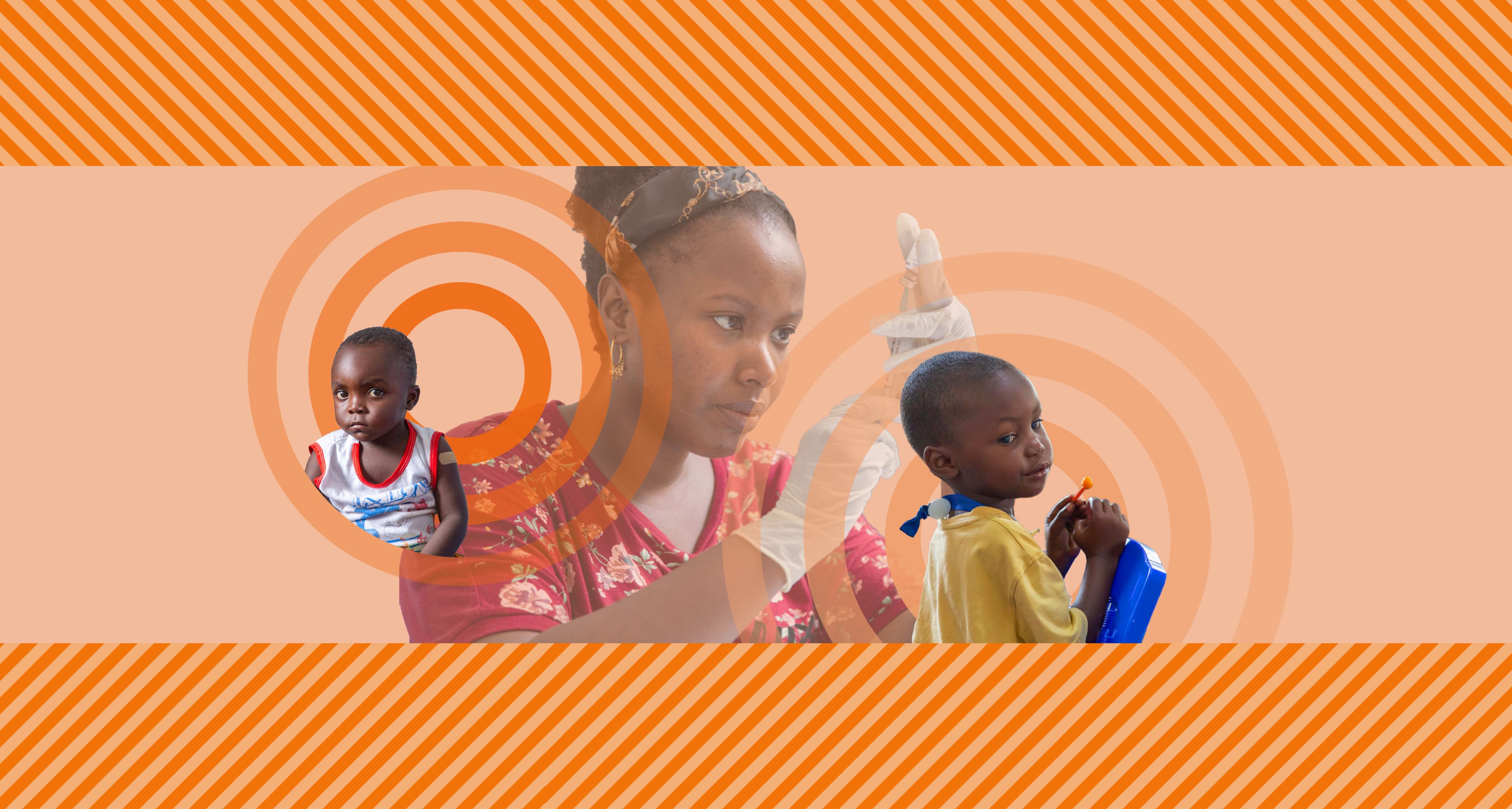 Title screen for malaria vaccine story showing African doctor and two children