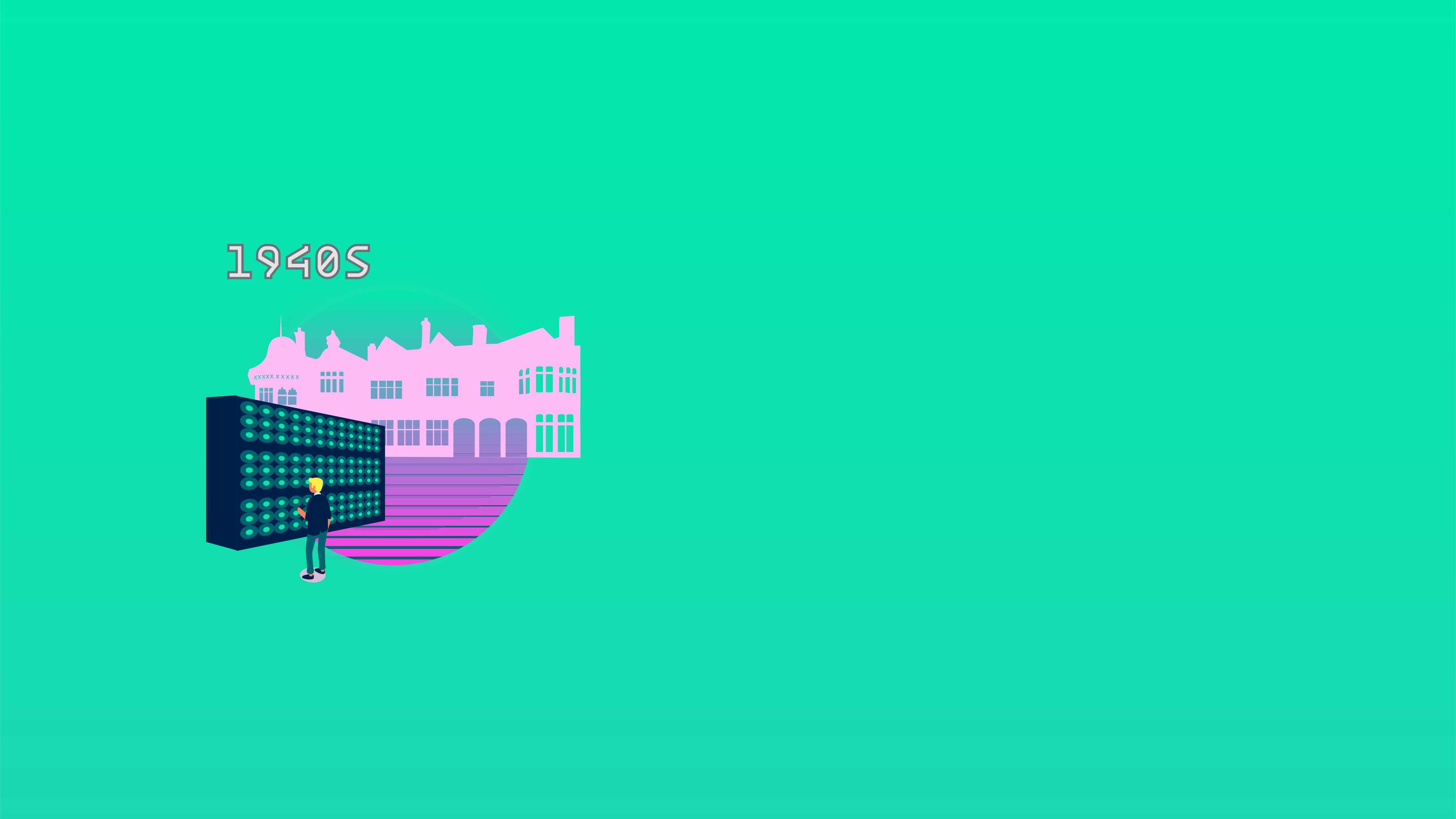 Graphic illustration of code-breakers at Bletchley Park