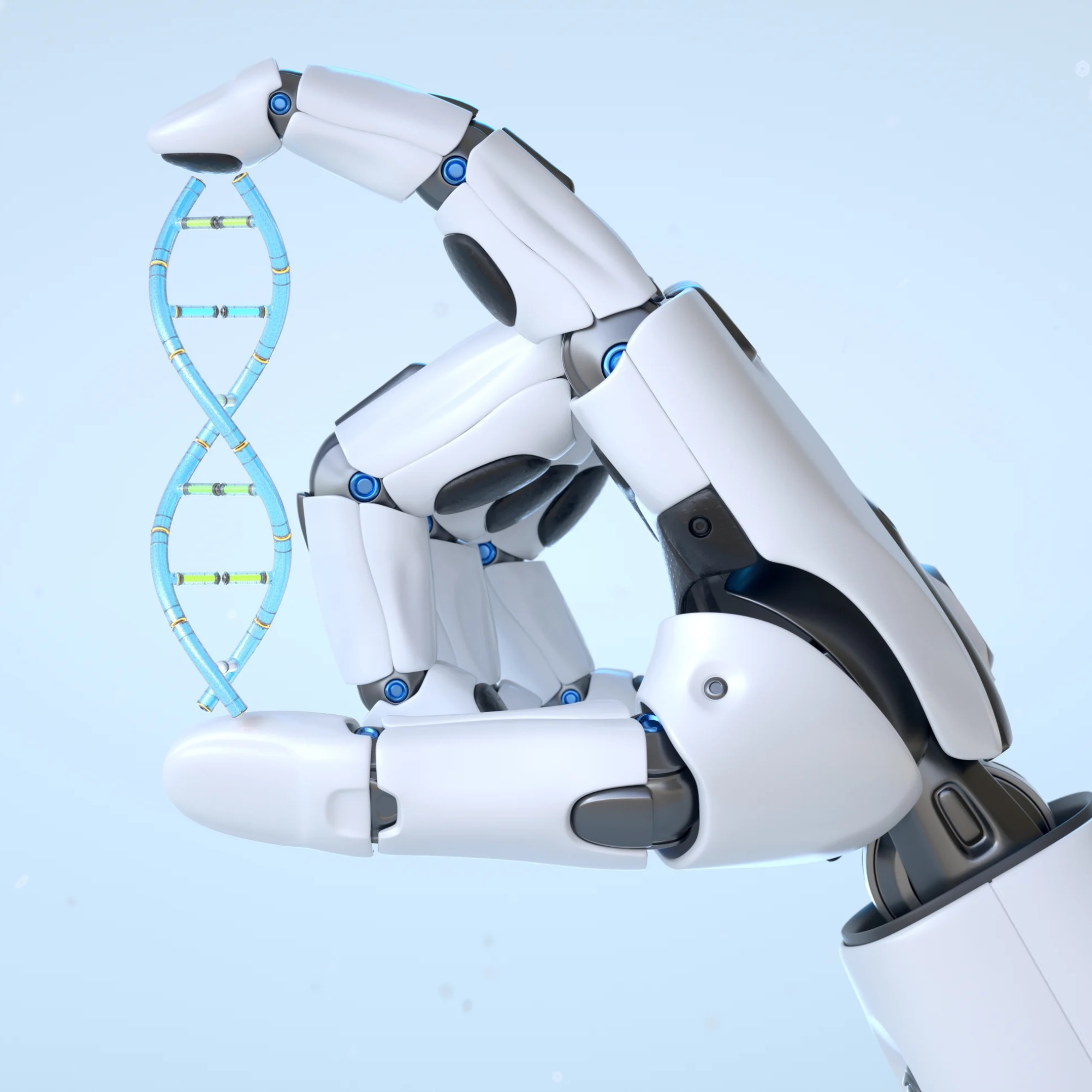 A robot hands holds a DNA double helix