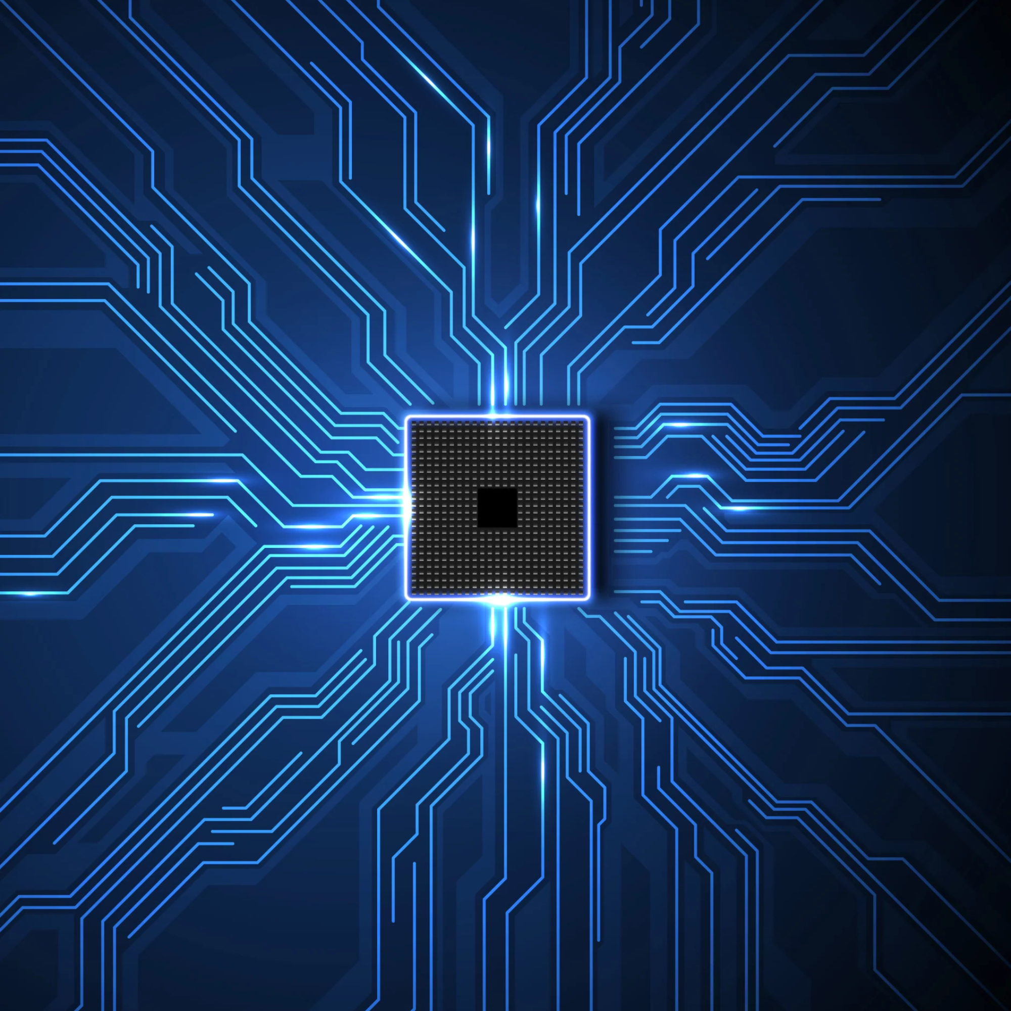A computer chip with electric lines on a blue background