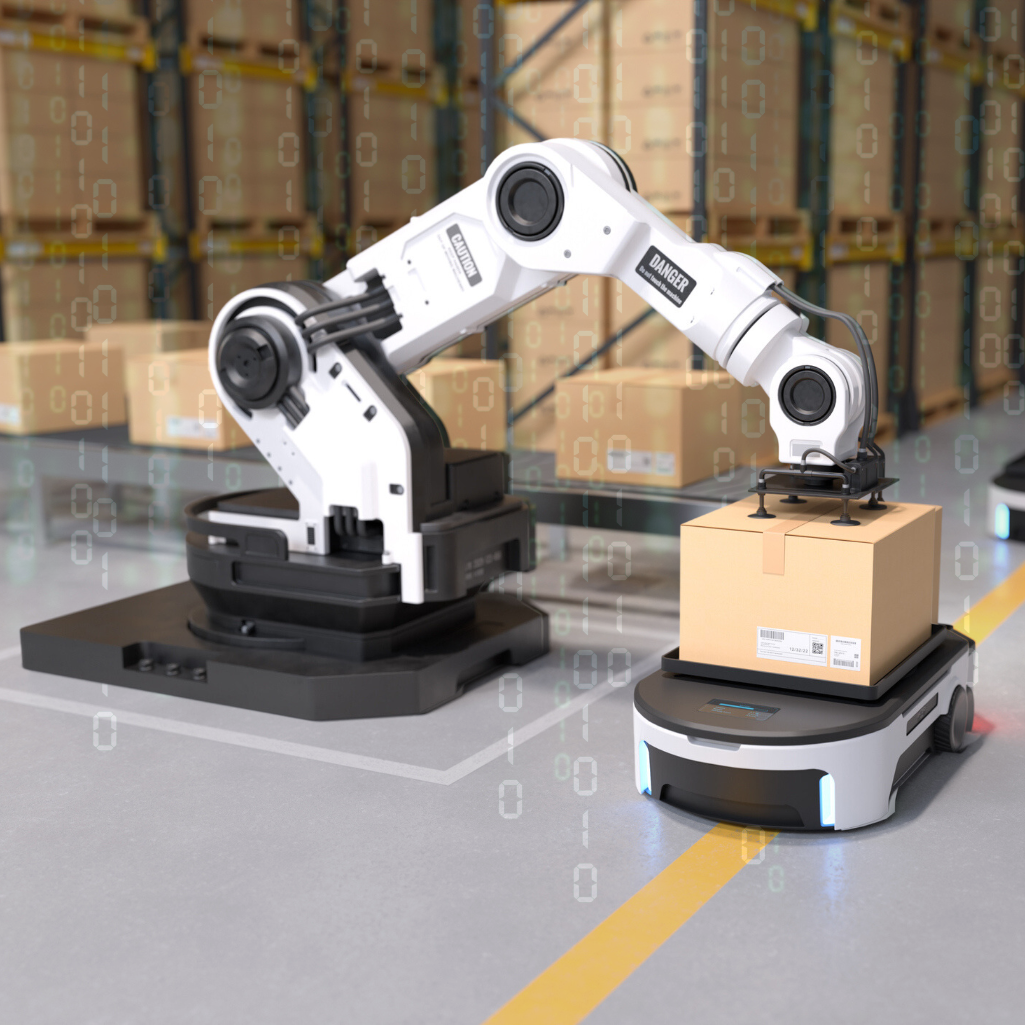 A robotic arm places a package onto a delivery robot