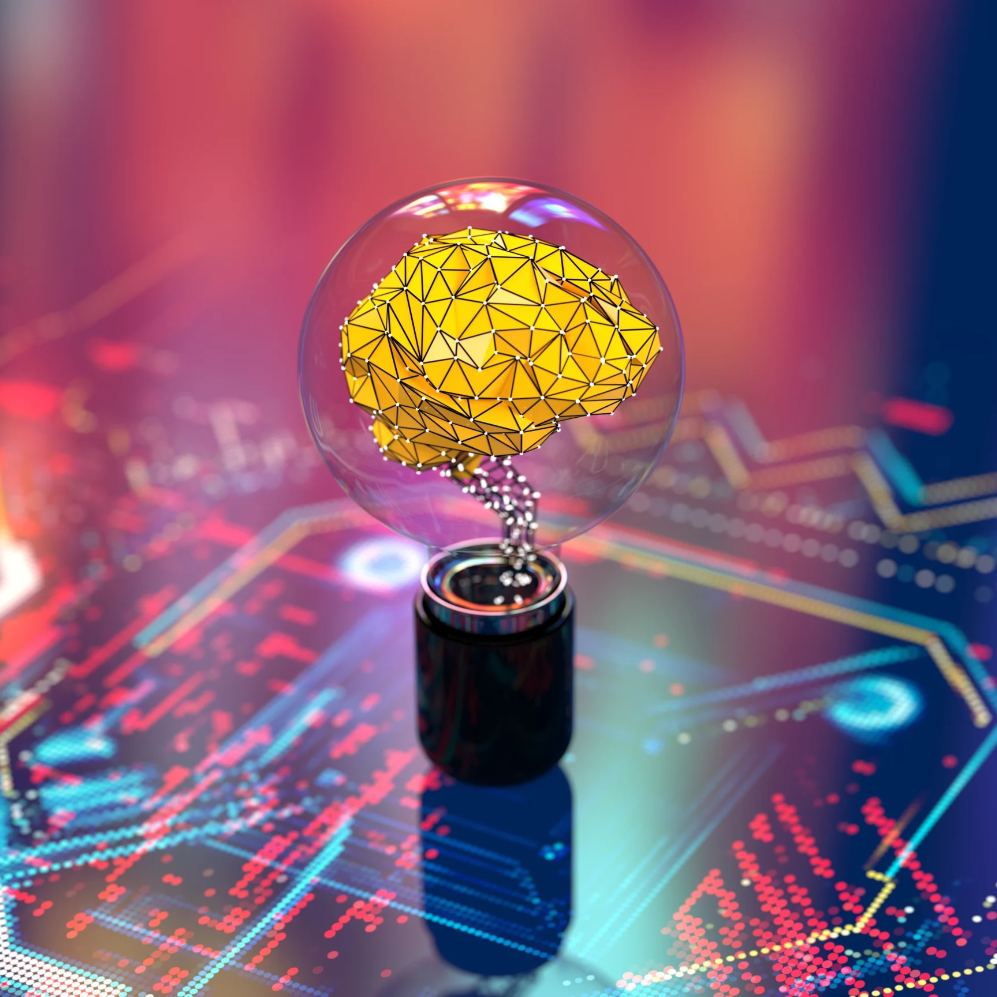 A design of a brain insight a lightbulb on top of a table with a technological design