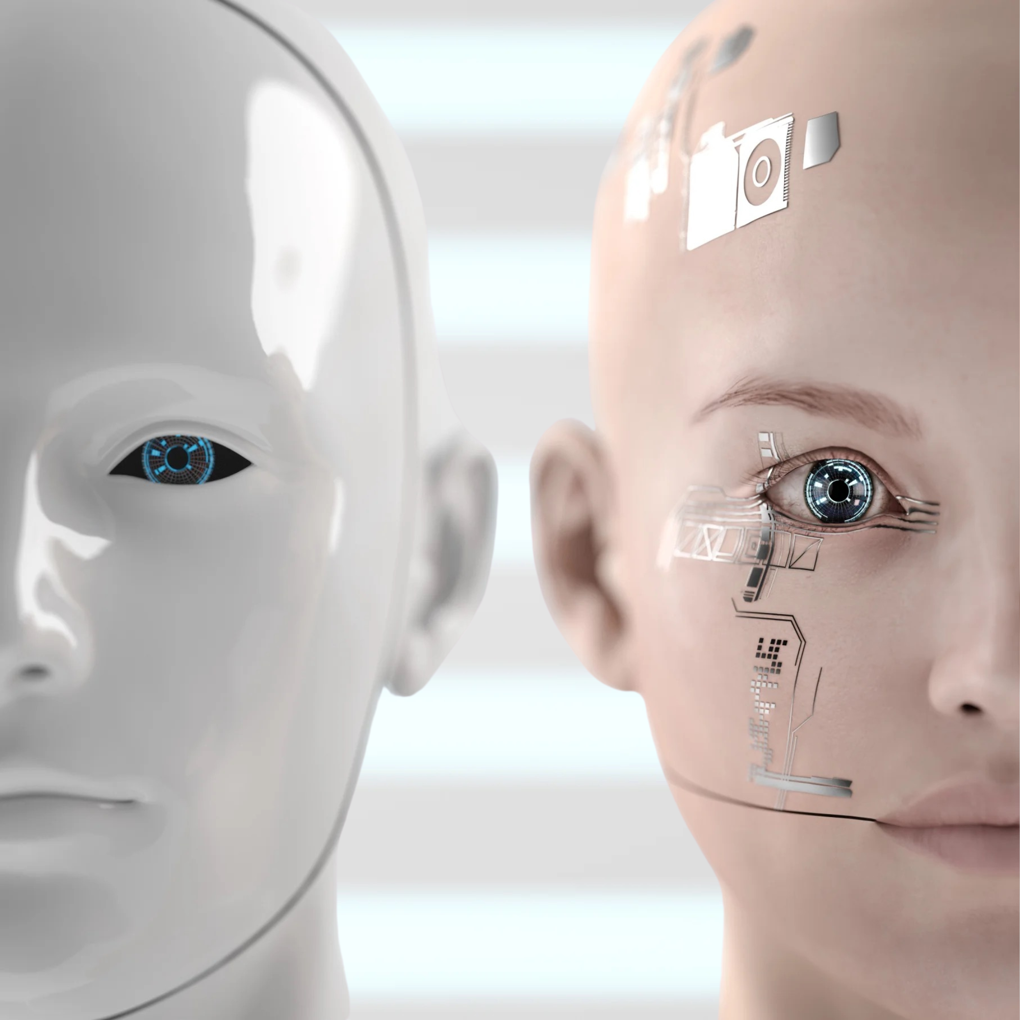 A robotic face next to a humanoid face