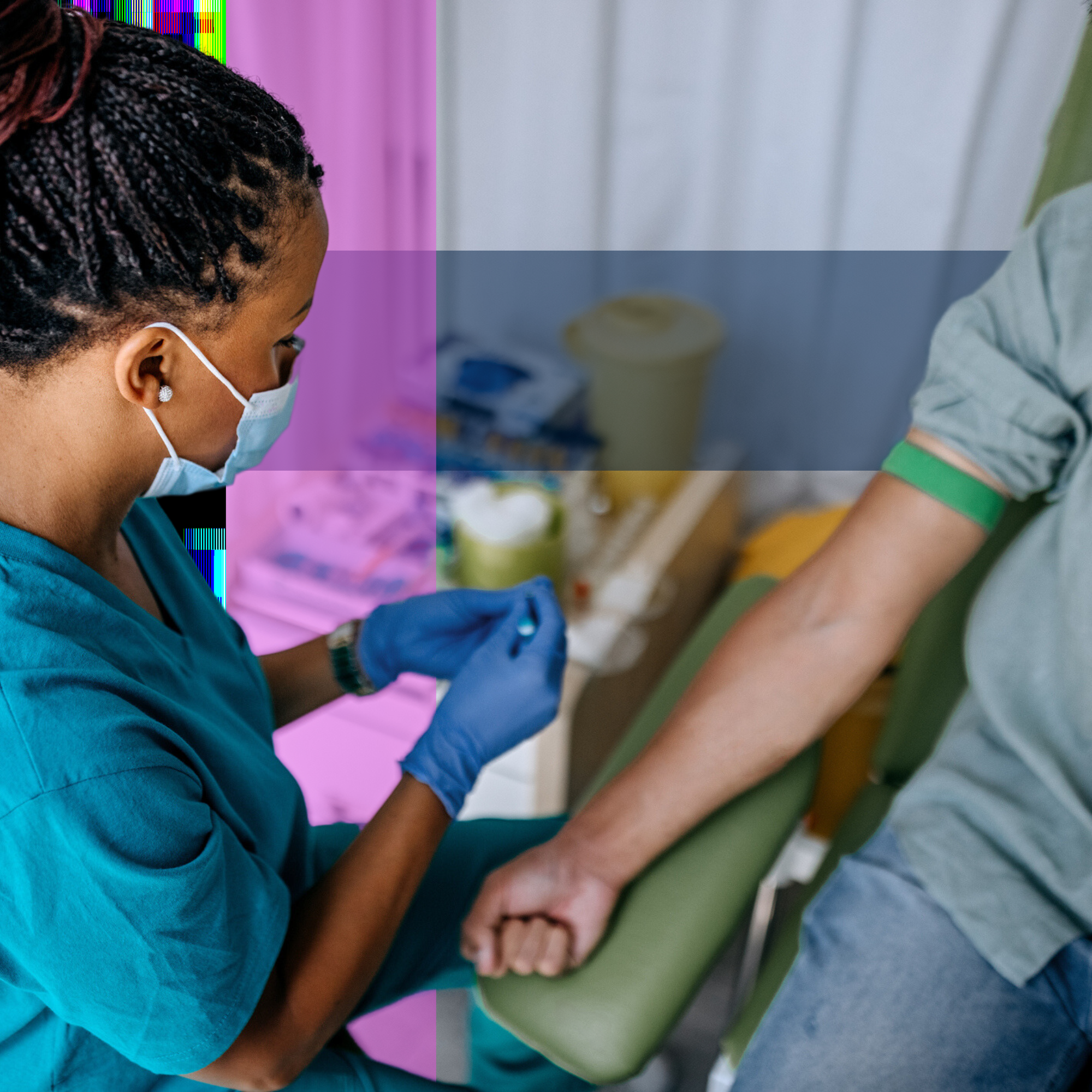 A nurse wearing a face mask and gloves prepares to draw blood from a patient