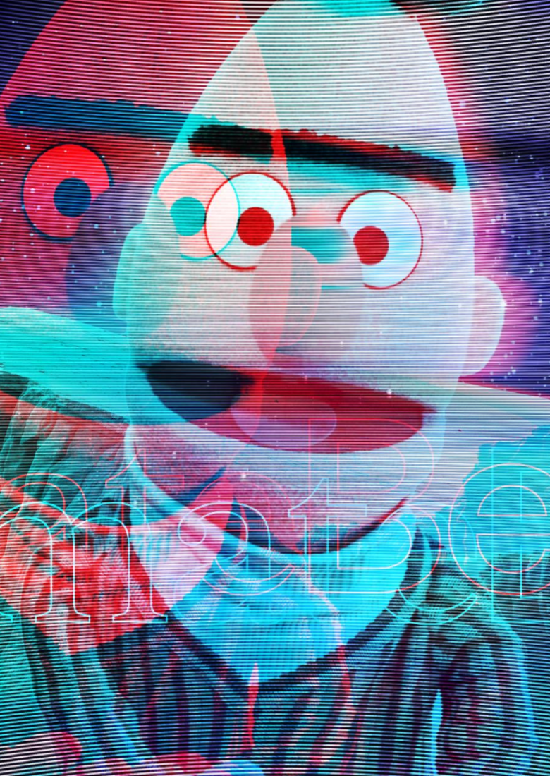 A manipulated image of Bert from Sesame Street