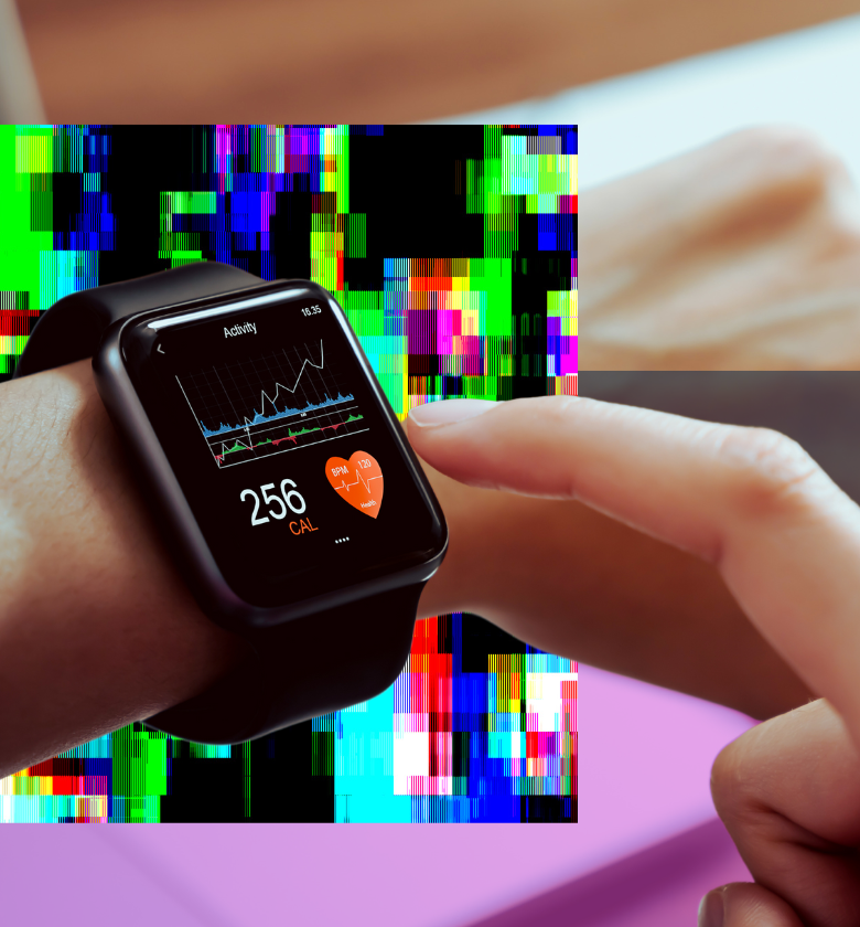 A person checks a health app on their smart watch, overlaid by a static-like graphic