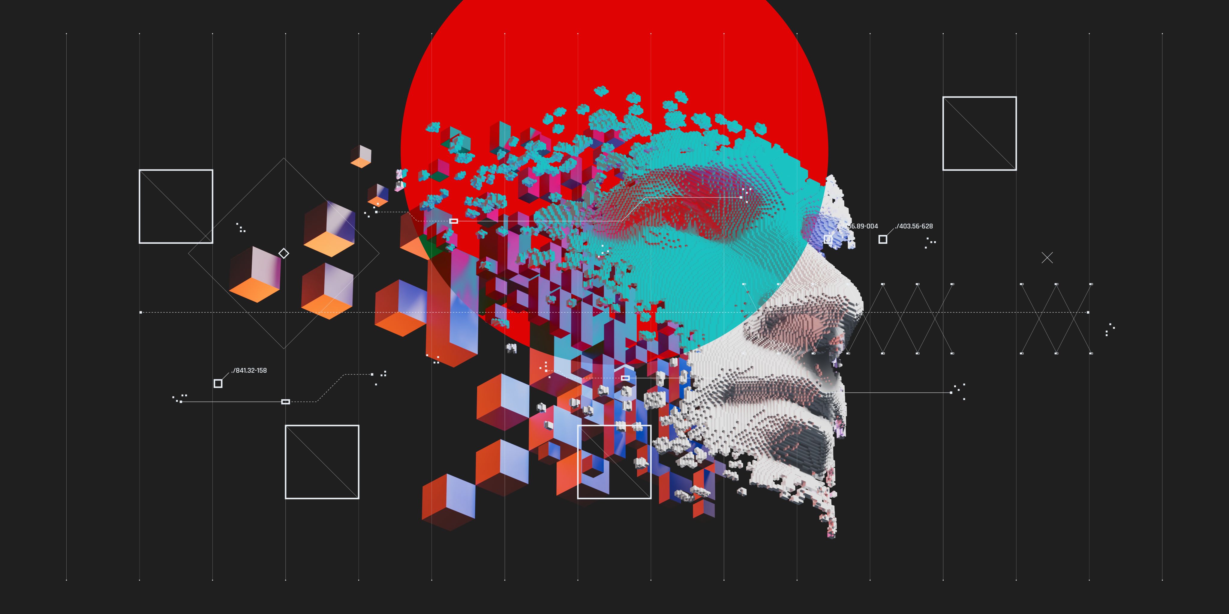 A conceptual design of a face made up of computerised blocks to represent an artificial intelligence