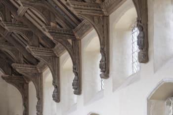 Exposed beams in Little Stonham Church.