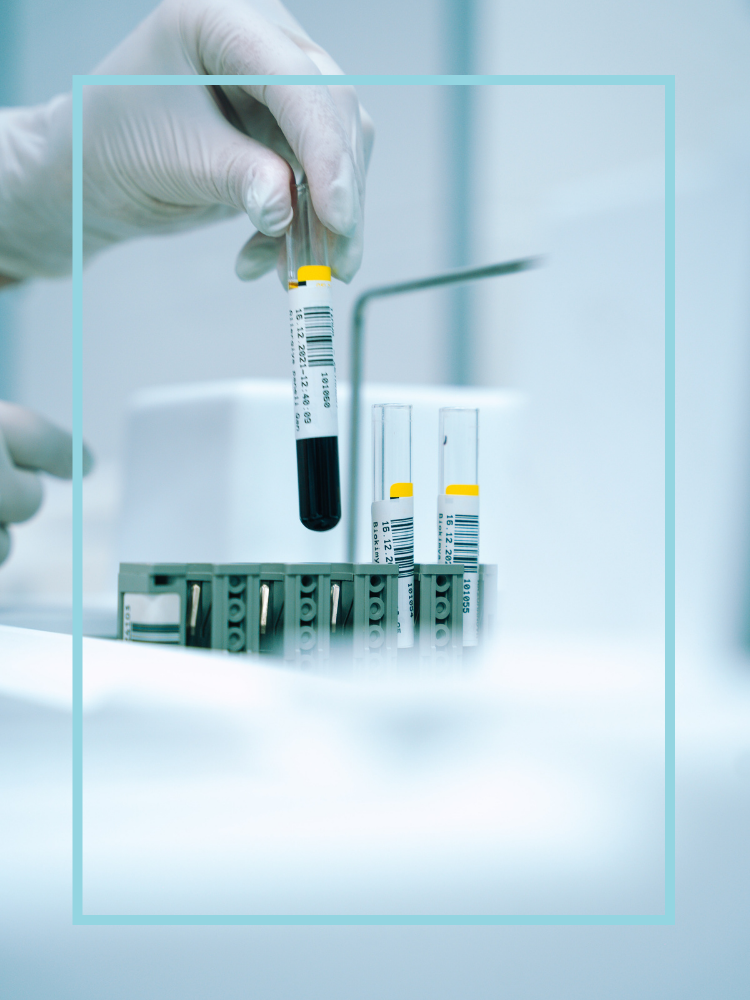 A gloved hand holding a vial of blood