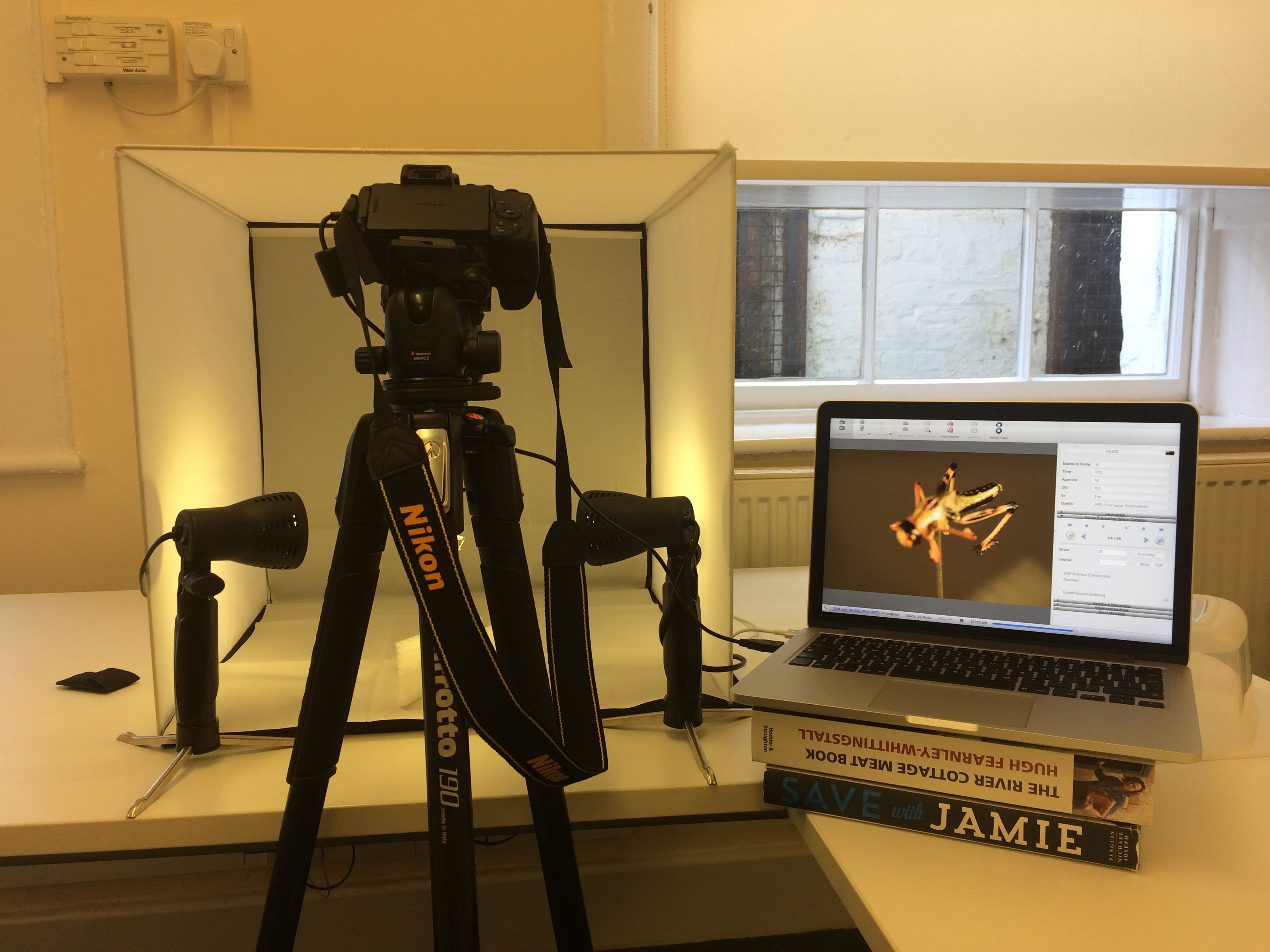 A camara set up to photograph an insect, with a laptop next to it